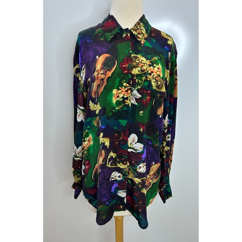 Dahan Vintage 100% Silk Violin Floral Baroque Button Up Shirt Medium Luxury Top - Picture 13 of 13